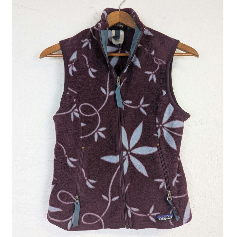 Patagonia Synchilla Fleece Vest Full Zip Purple Floral Funnel Neck Womens Small